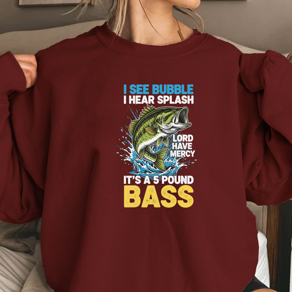 Bass Fishing Crewneck Sweatshirt, "I See Bubble Bass" Graphic, Funny Angler Shirt, Outdoor Adventure Pullover, Fisherman Gift, Retro Fishing Tee