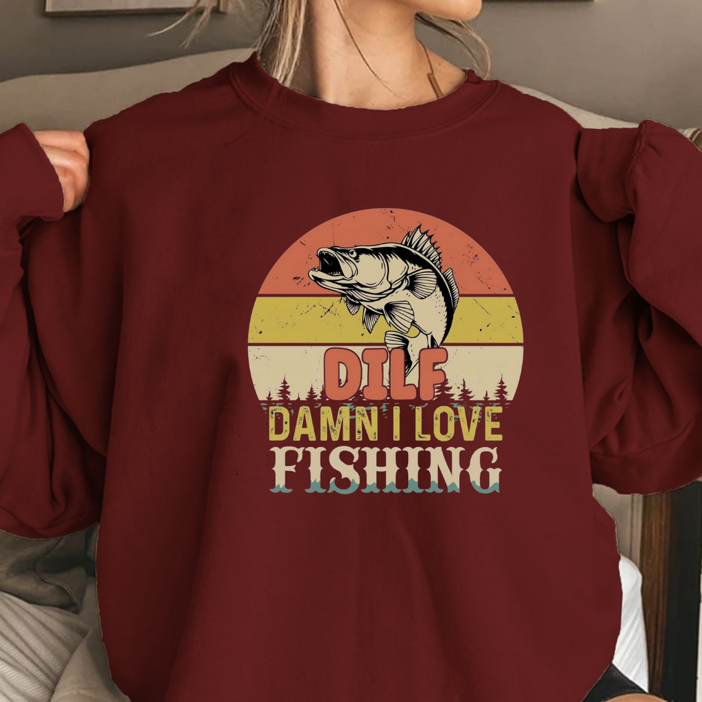 Fishing Sweatshirt, "DILF – Damn I Love Fishing" Retro Bass Crewneck, Funny Angler Shirt, Outdoor Adventure Pullover, Fisherman Gift Tee