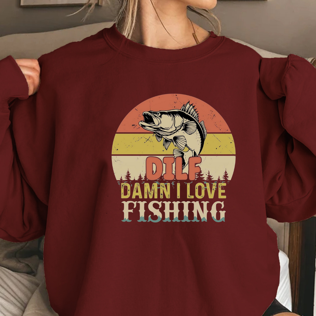 Fishing Sweatshirt, "DILF – Damn I Love Fishing" Retro Bass Crewneck, Funny Angler Shirt, Outdoor Adventure Pullover, Fisherman Gift Tee