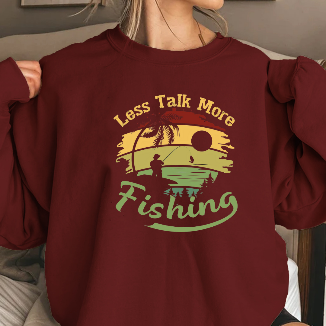 Fishing Crewneck Sweatshirt, "Less Talk More Fishing" Retro Sunset Design, Vintage Angler Pullover, Outdoor Adventure Shirt, Fisherman Gift Tee