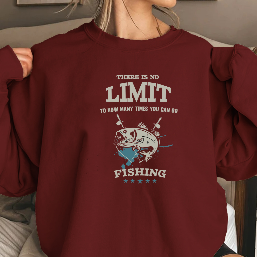 Fishing Crewneck Sweatshirt, "No Limit" Ocean Graphic, Retro Angler Pullover, Outdoor Adventure Shirt, Fisherman Gift, Relaxing Hobby Tee