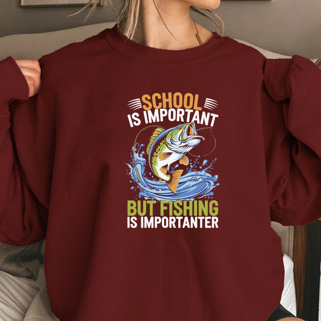 Fishing Crewneck Sweatshirt, "School But Fishing" Graphic, Funny Angler Shirt, Outdoor Adventure Pullover, Fisherman Gift, Relaxing Hobby Tee