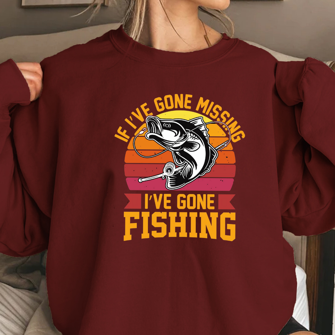 Fishing Crewneck Sweatshirt, "If I’ve Gone Missing I’ve Gone Fishing" Retro Bass Design, Funny Angler Shirt, Outdoor Pullover, Fisherman Gift