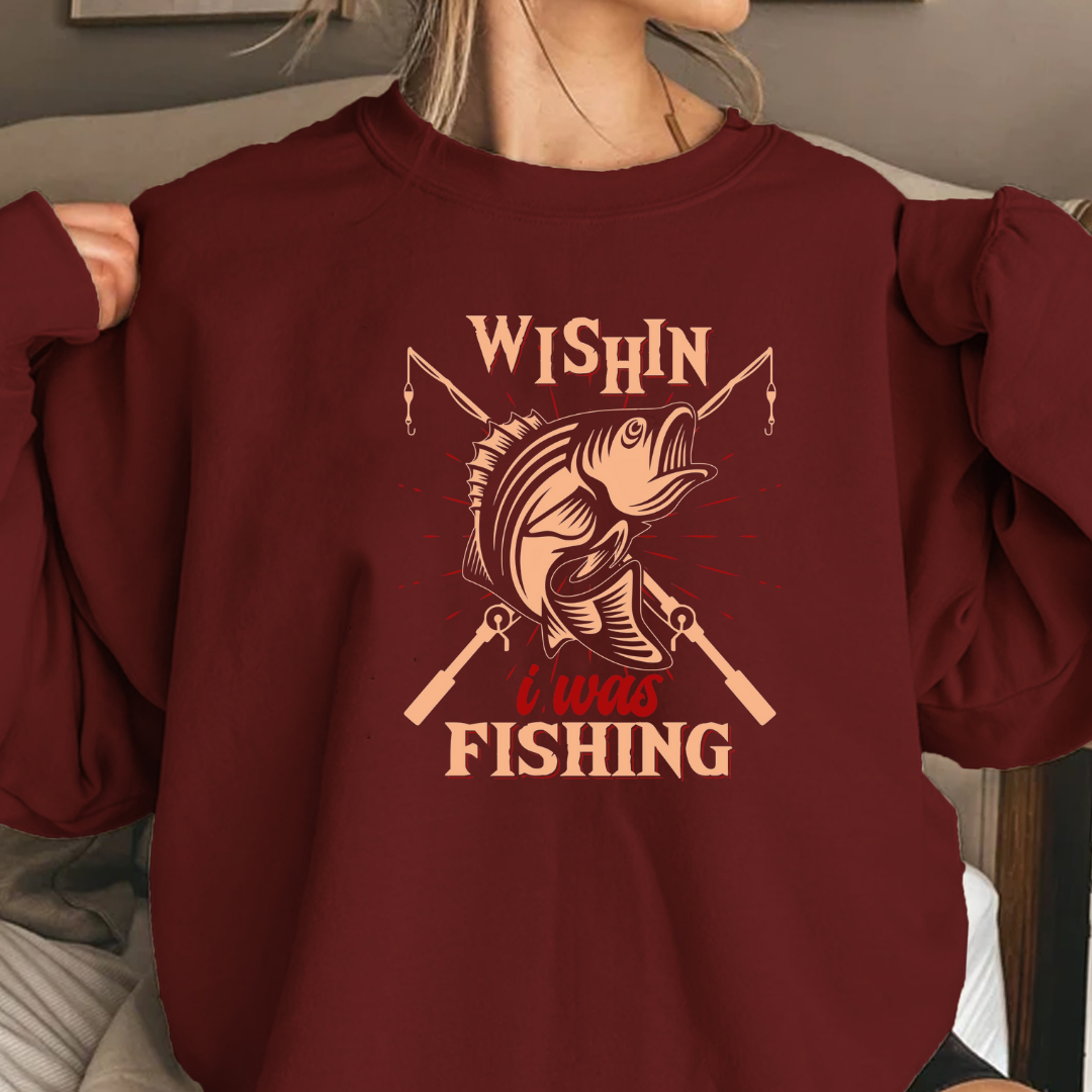 Fishing Crewneck Sweatshirt, "Wishin I Was Fishing" Retro Graphic, Vintage Angler Pullover, Outdoor Adventure Shirt, Fisherman Gift Tee