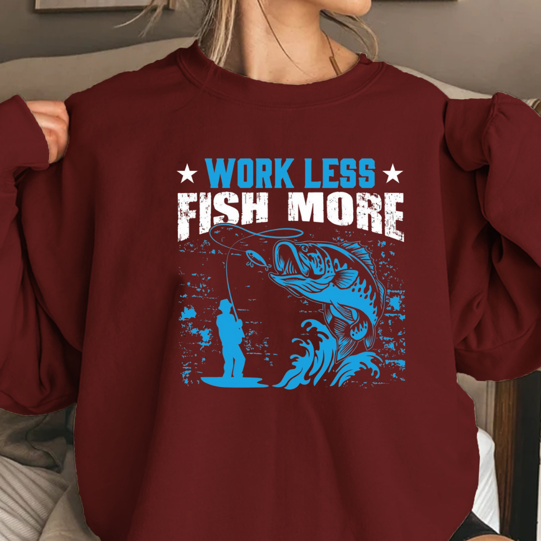 Crewneck Sweatshirt, "Work Less" Surf Vintage Graphic, Retro Beach Pullover, Casual Unisex Shirt, Cozy Coastal Tee, Summer Vibes Gift