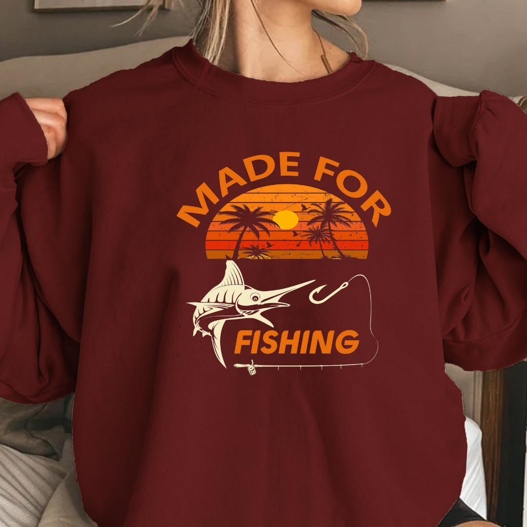 Made For Fishing Crewneck Sweatshirt, Retro Sunset Angler Pullover, Vintage Fishing Shirt, Outdoor Adventure Apparel, Fisherman Gift Tee