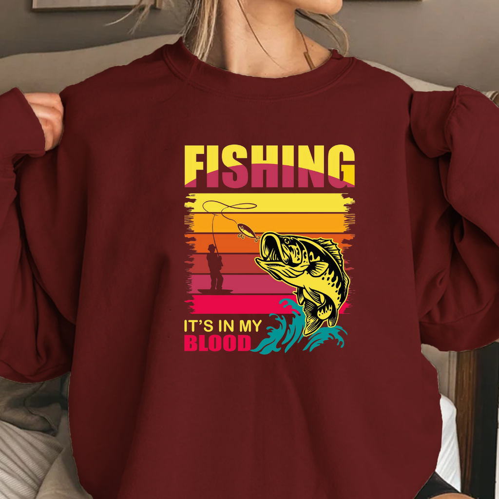 Fishing Crewneck Sweatshirt, Vintage Bass Graphic "Fishing Blood" Retro Sunset, Angler Pullover, Outdoor Adventure Shirt, Fisherman Gift Tee
