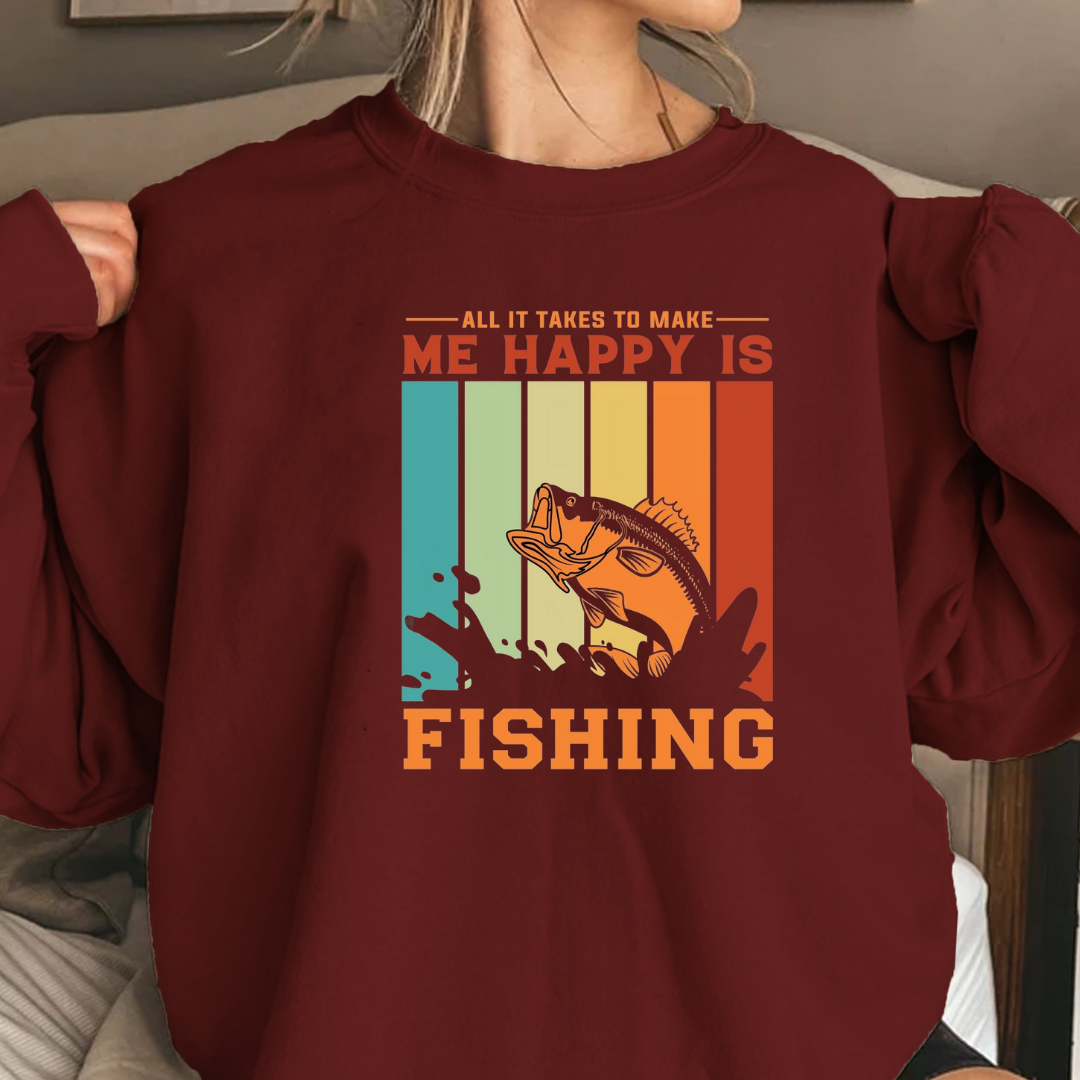 Fishing Crewneck Sweatshirt, "Me Happy Is Fishing" Retro Fish Design, Funny Angler Pullover, Outdoor Adventure Shirt, Fisherman Gift Tee