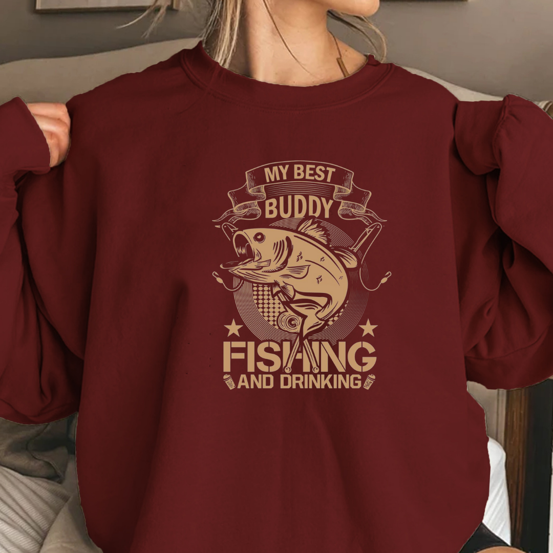 Fishing Buddy Crewneck Sweatshirt, "My Best Buddy is Fishing" Graphic, Funny Angler Shirt, Outdoor Adventure Pullover, Fisherman Gift Tee
