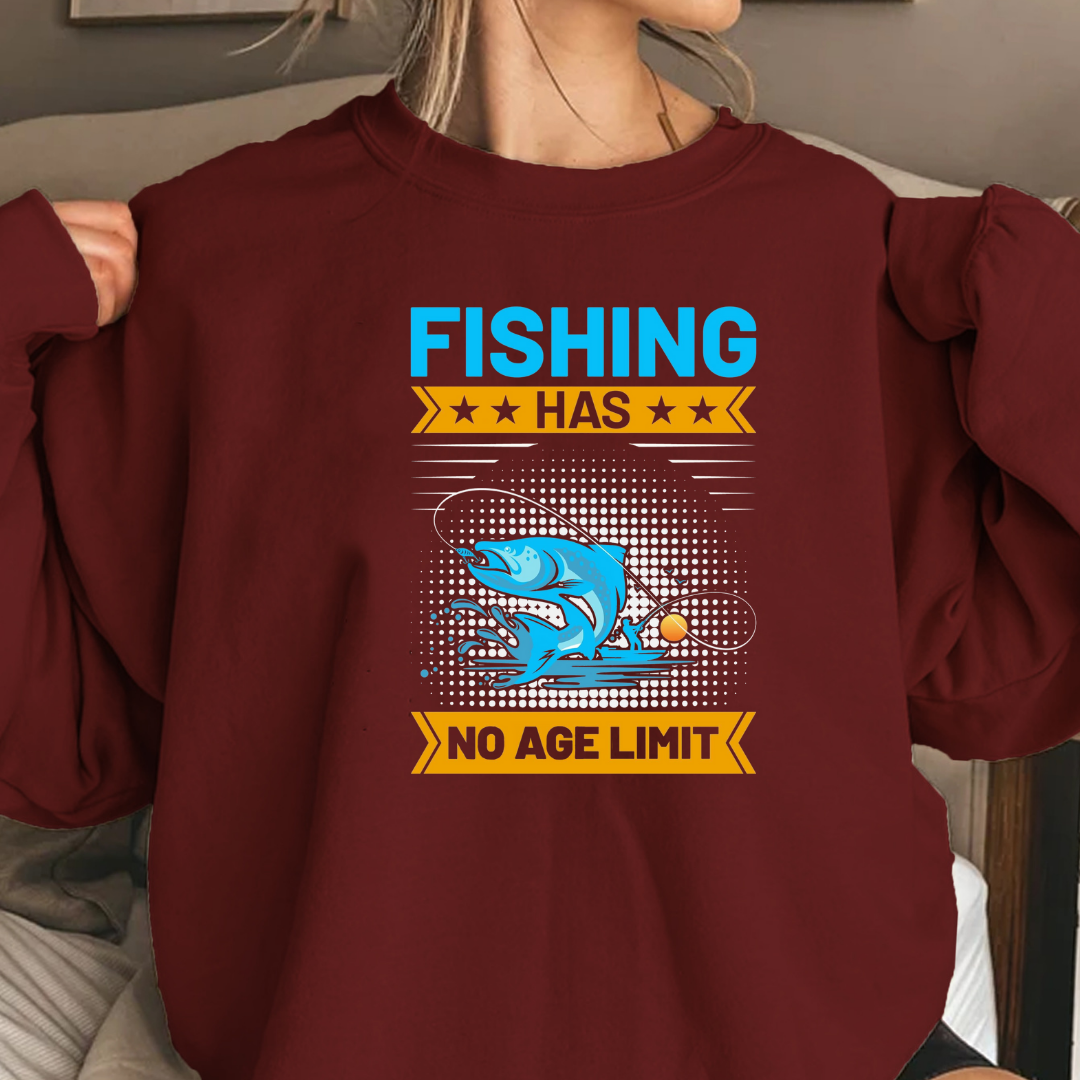 Fishing Has No Age Limit Crewneck Sweatshirt, Vintage Angler Graphic, Retro Fishing Pullover, Outdoor Adventure Shirt, Fisherman Gift Tee