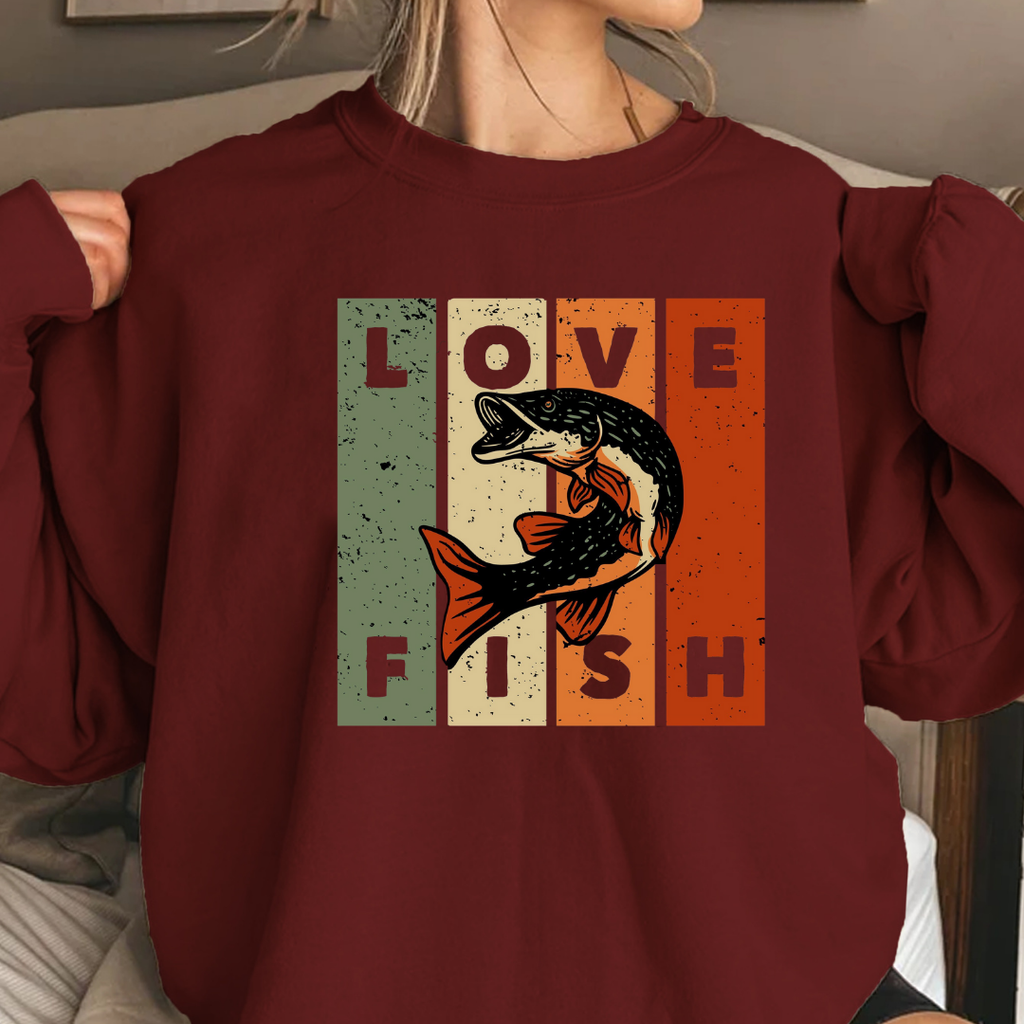 Love Fish Crewneck Sweatshirt, Retro Fishing Graphic Pullover for Anglers, Vintage Angler Shirt, Outdoor Adventure Top, Fisherman Gift Tee