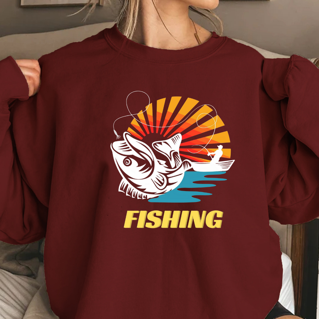 Fishing Sunset Crewneck Sweatshirt, Retro Angler Graphic Pullover, Outdoor Adventure Shirt, Vintage Fishing Gift, Relaxing Hobby Tee