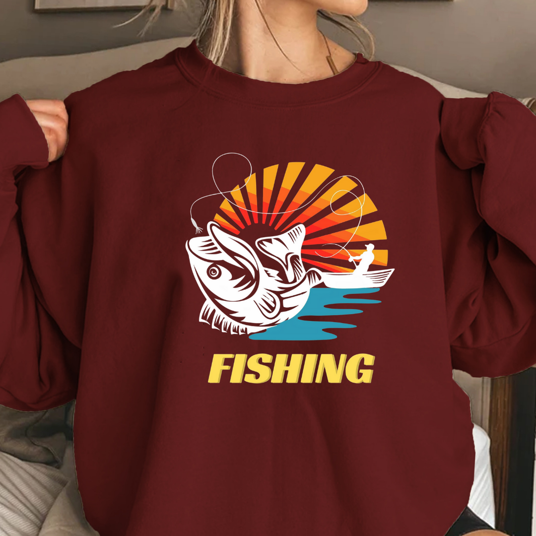 Fishing Sunset Crewneck Sweatshirt, Retro Angler Graphic Pullover, Outdoor Adventure Shirt, Vintage Fishing Gift, Relaxing Hobby Tee