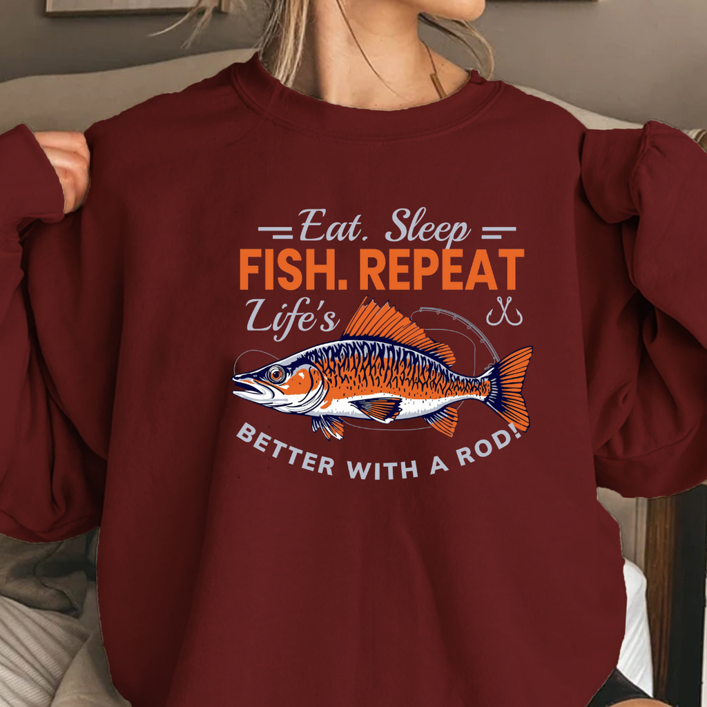 Fishing Crewneck Sweatshirt, "Eat. Sleep. Fish. Repeat." Graphic, Funny Angler Pullover, Outdoor Adventure Shirt, Fisherman Gift Tee