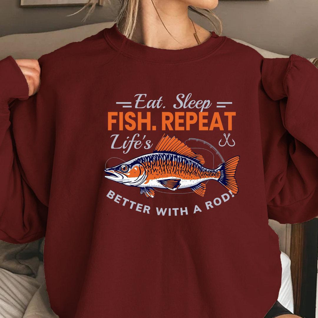 Fishing Crewneck Sweatshirt, "Eat. Sleep. Fish. Repeat." Graphic, Funny Angler Pullover, Outdoor Adventure Shirt, Fisherman Gift Tee