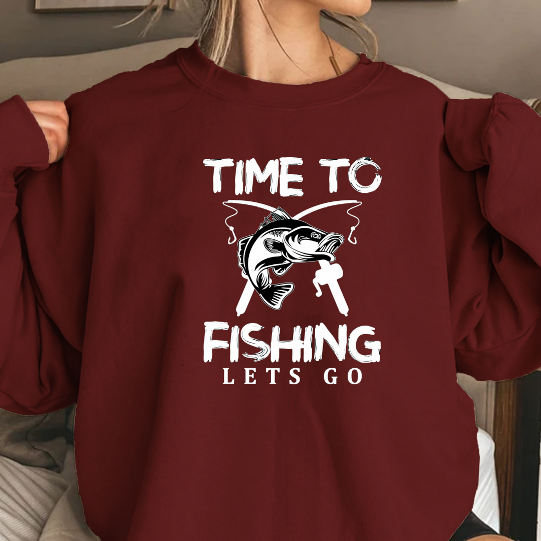 Fishing Crewneck Sweatshirt, Retro Fish Graphic "Time to Go Fishing", Vintage Angler Pullover, Outdoor Adventure Shirt, Fisherman Gift Tee