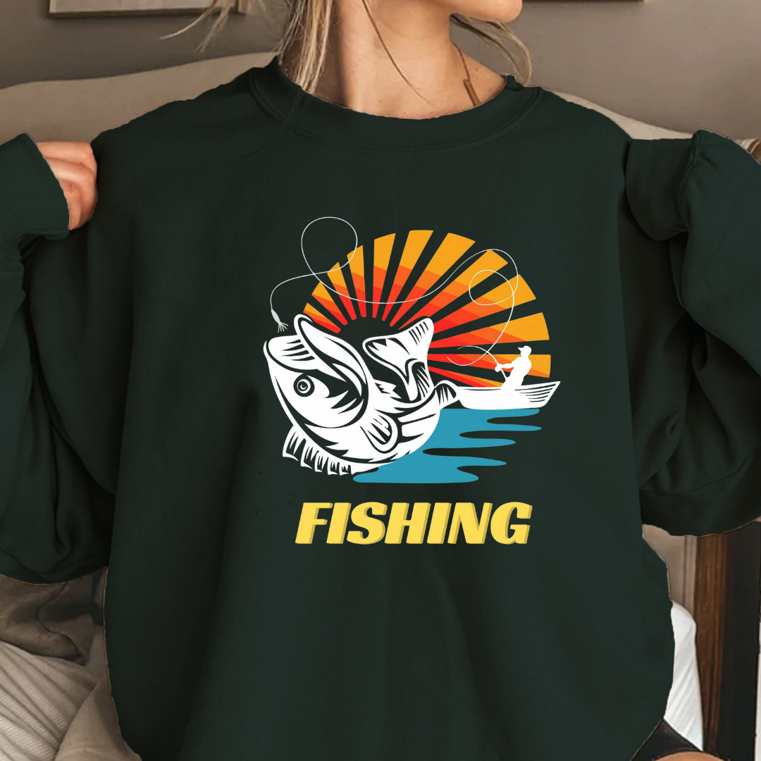 Fishing Sunset Crewneck Sweatshirt, Retro Angler Graphic Pullover, Outdoor Adventure Shirt, Vintage Fishing Gift, Relaxing Hobby Tee
