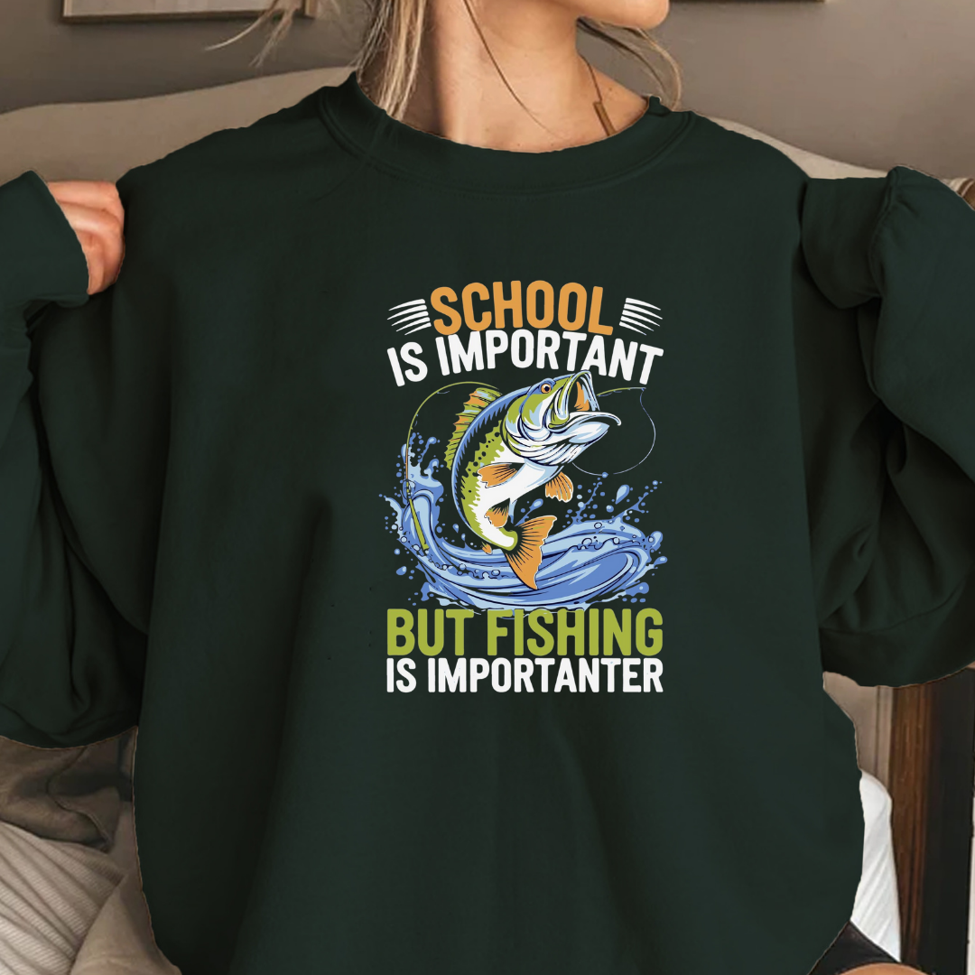 Fishing Crewneck Sweatshirt, "School But Fishing" Graphic, Funny Angler Shirt, Outdoor Adventure Pullover, Fisherman Gift, Relaxing Hobby Tee