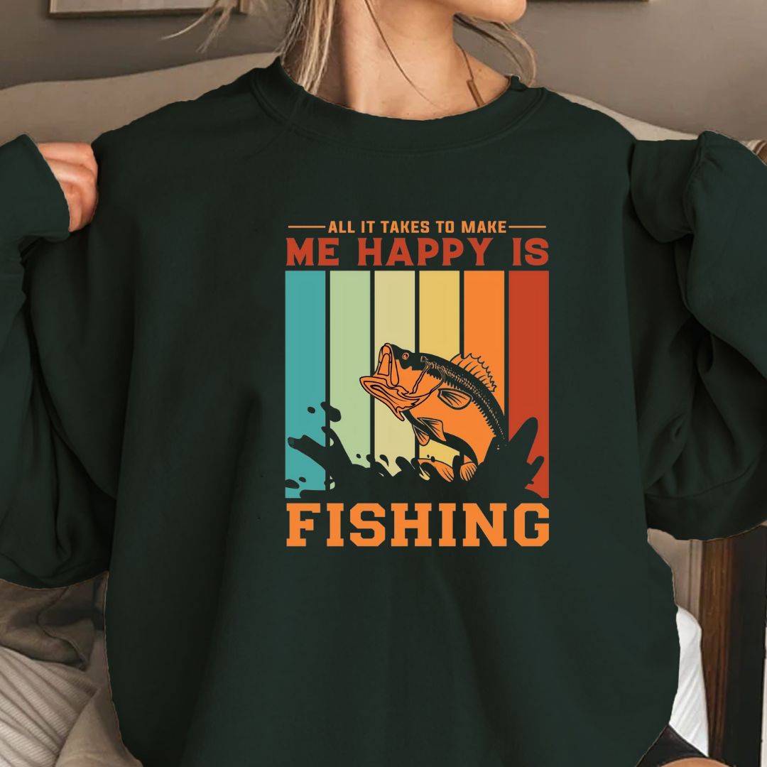 Fishing Crewneck Sweatshirt, "Me Happy Is Fishing" Retro Fish Design, Funny Angler Pullover, Outdoor Adventure Shirt, Fisherman Gift Tee