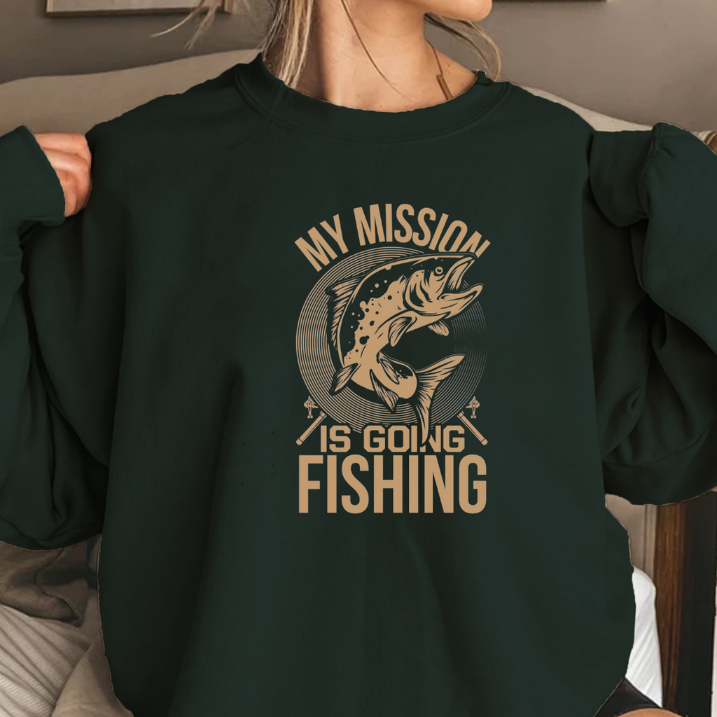 Fishing Sweatshirt, "My Mission Is Going Fishing" Crewneck, Funny Angler Pullover, Outdoor Adventure Shirt, Fisherman Gift, Relaxing Hobby Tee