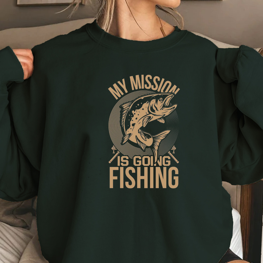 Fishing Sweatshirt, "My Mission Is Going Fishing" Crewneck, Funny Angler Pullover, Outdoor Adventure Shirt, Fisherman Gift, Relaxing Hobby Tee