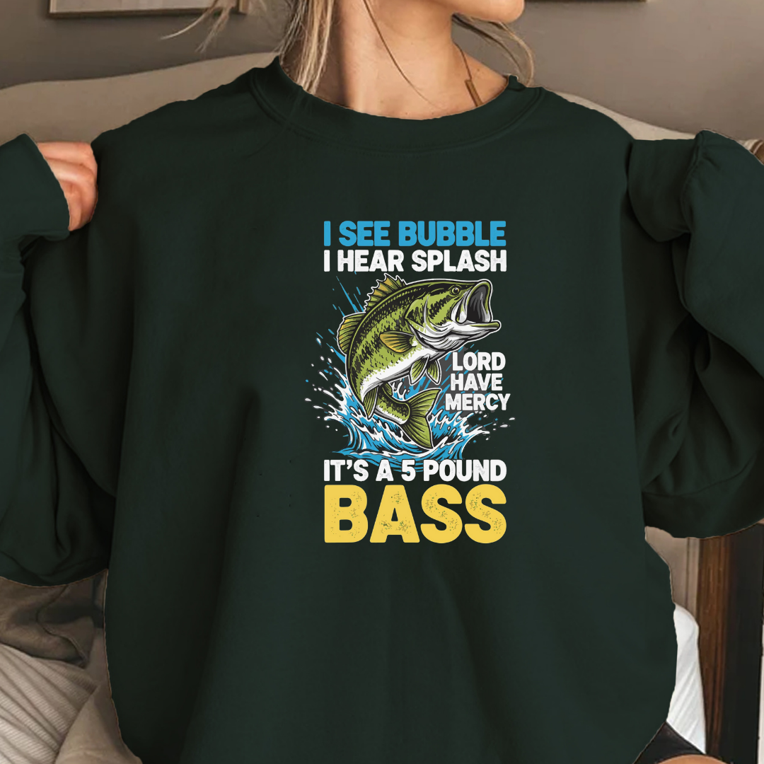 Bass Fishing Crewneck Sweatshirt, "I See Bubble Bass" Graphic, Funny Angler Shirt, Outdoor Adventure Pullover, Fisherman Gift, Retro Fishing Tee
