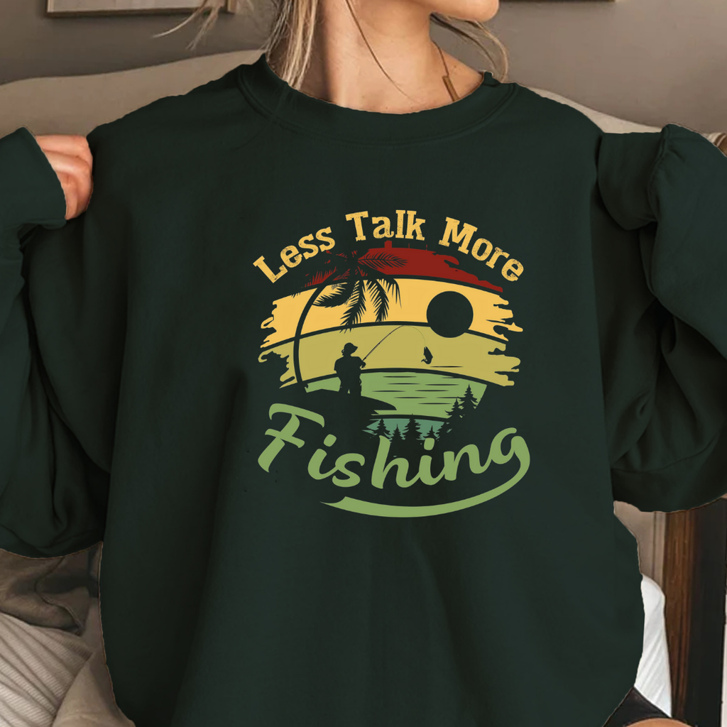 Fishing Crewneck Sweatshirt, "Less Talk More Fishing" Retro Sunset Design, Vintage Angler Pullover, Outdoor Adventure Shirt, Fisherman Gift Tee