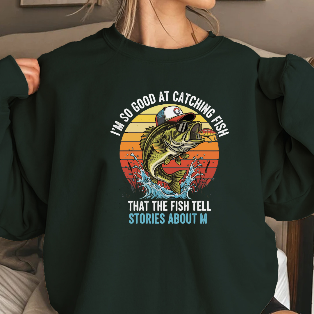 Fishing Crewneck Sweatshirt, "Stories About M" Retro Bass Graphic, Funny Angler Shirt, Outdoor Adventure Pullover, Fisherman Gift Tee
