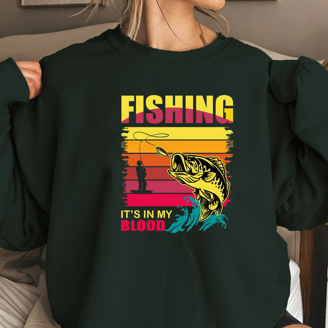Fishing Crewneck Sweatshirt, Vintage Bass Graphic "Fishing Blood" Retro Sunset, Angler Pullover, Outdoor Adventure Shirt, Fisherman Gift Tee