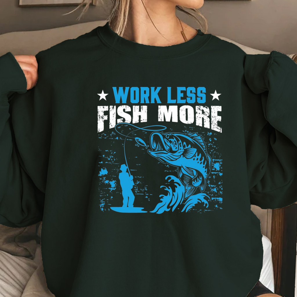 Crewneck Sweatshirt, "Work Less" Surf Vintage Graphic, Retro Beach Pullover, Casual Unisex Shirt, Cozy Coastal Tee, Summer Vibes Gift