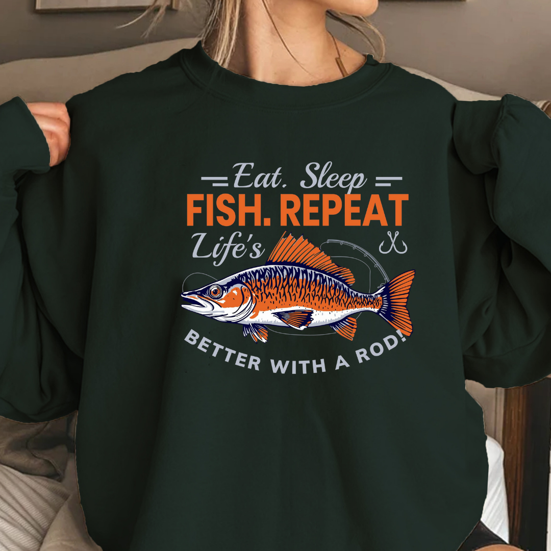 Fishing Crewneck Sweatshirt, "Eat. Sleep. Fish. Repeat." Graphic, Funny Angler Pullover, Outdoor Adventure Shirt, Fisherman Gift Tee