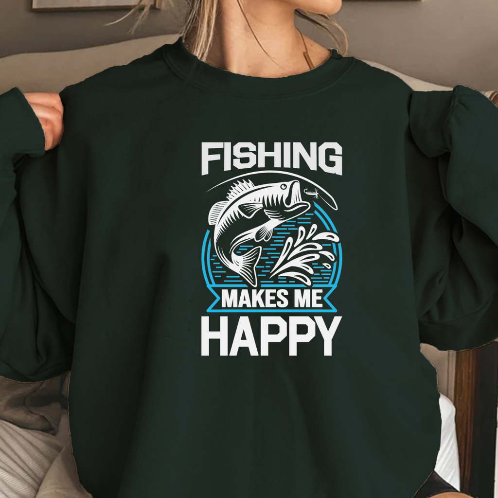 Fishing Happy Crewneck Sweatshirt, Relaxed Fishing Graphic Pullover, Funny Angler Shirt, Outdoor Adventure Apparel, Fisherman Gift Tee