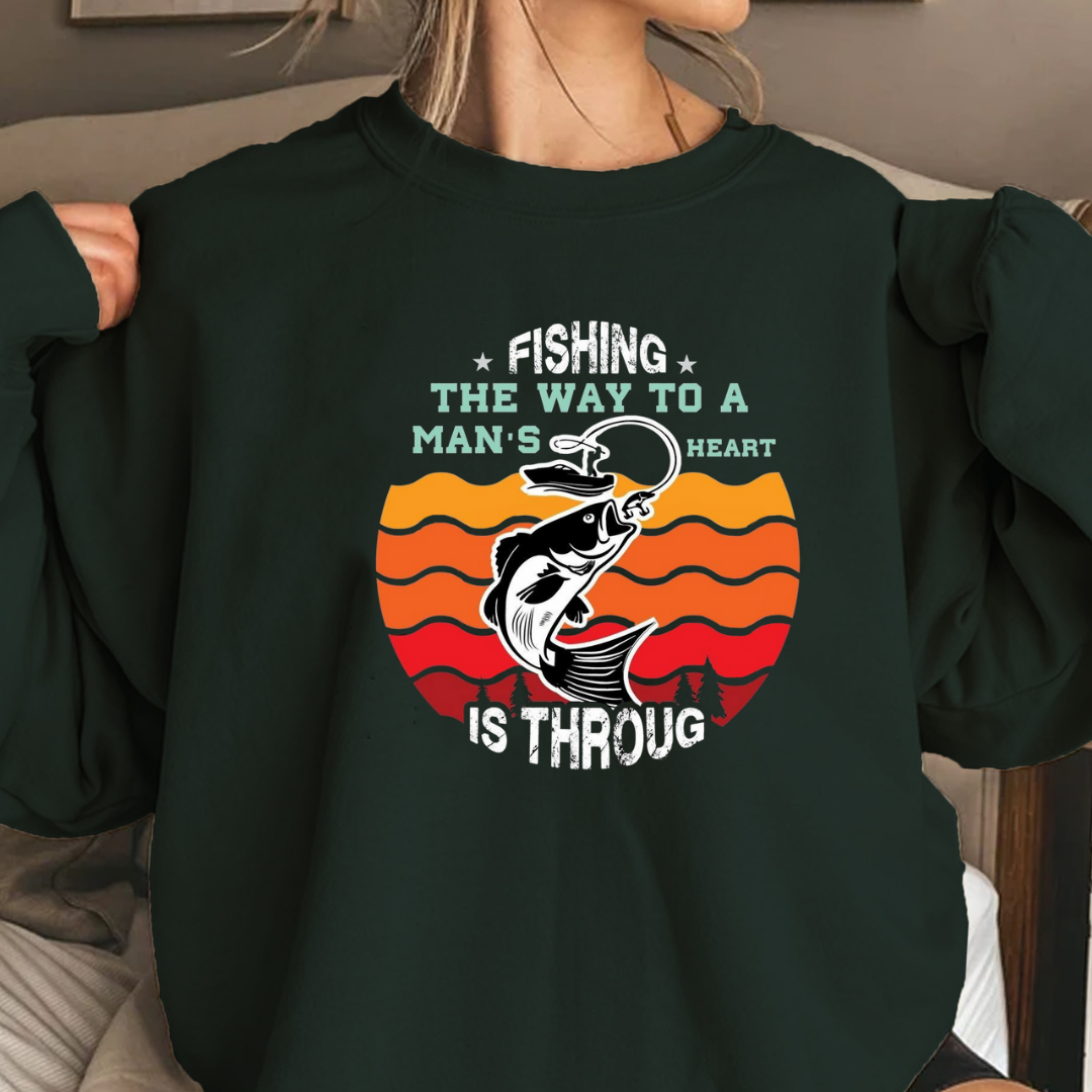 Crewneck Sweatshirt, Funny Fishing & BBQ Shirt, Retro Graphic Tee, Man’s Heart Quote, Outdoor Cooking Gift, Angler Lifestyle Apparel