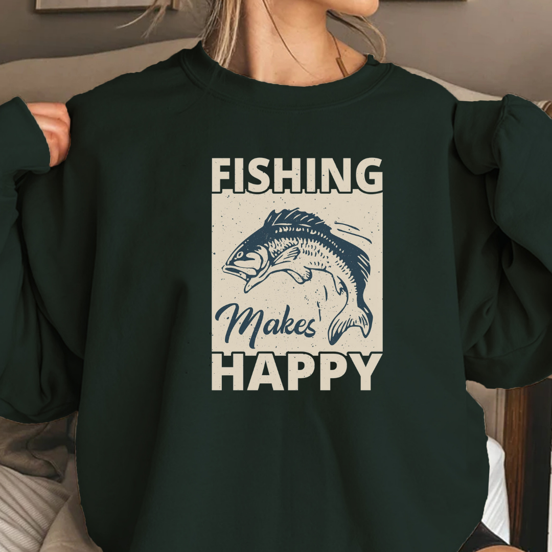 Fishing Makes Me Happy Crewneck Sweatshirt, Funny Angler Pullover, Outdoor Adventure Shirt, Fisherman Gift, Relaxing Hobby Graphic Tee