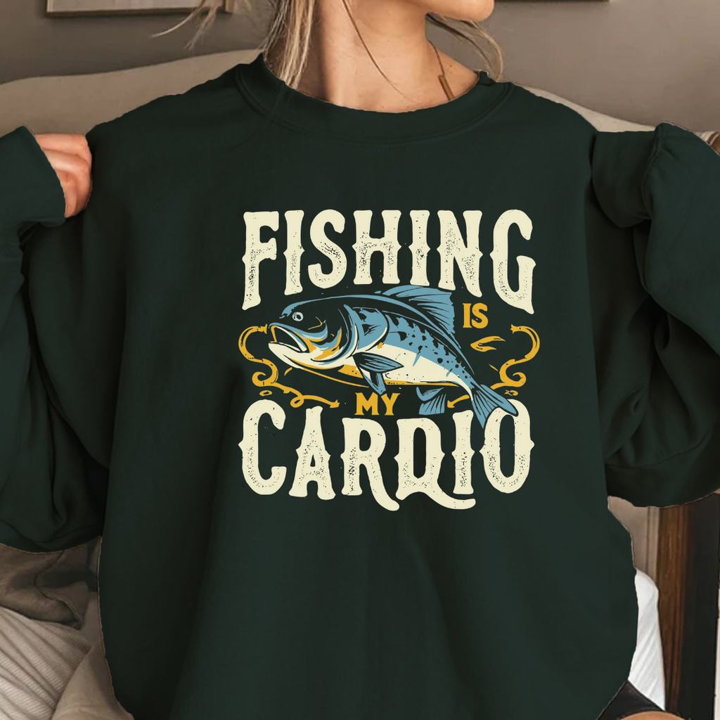 Fishing Is My Cardio Crewneck Sweatshirt, Funny Angler Shirt, Outdoor Adventure Pullover, Fisherman Gift, Relaxing Hobby Graphic Tee