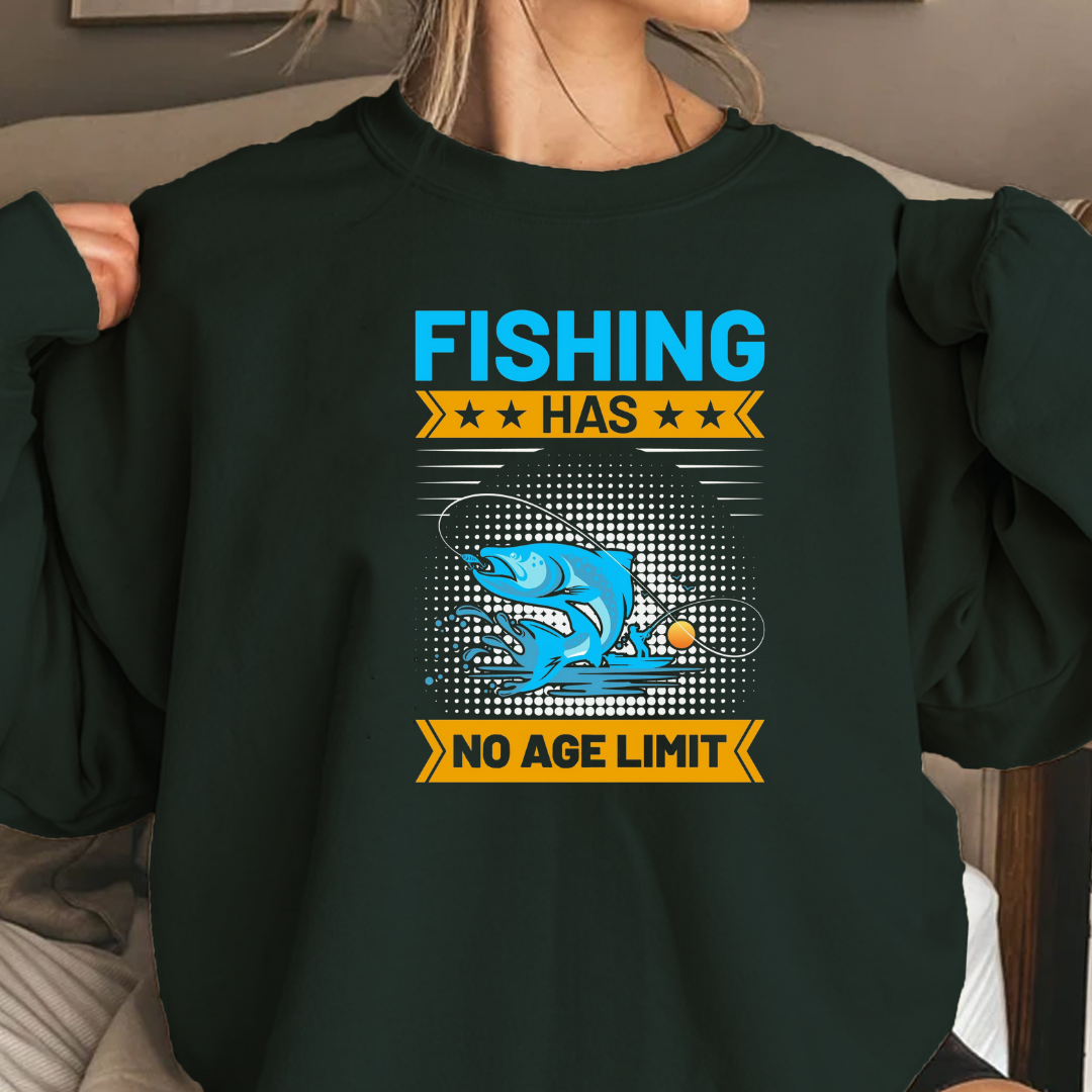 Fishing Has No Age Limit Crewneck Sweatshirt, Vintage Angler Graphic, Retro Fishing Pullover, Outdoor Adventure Shirt, Fisherman Gift Tee