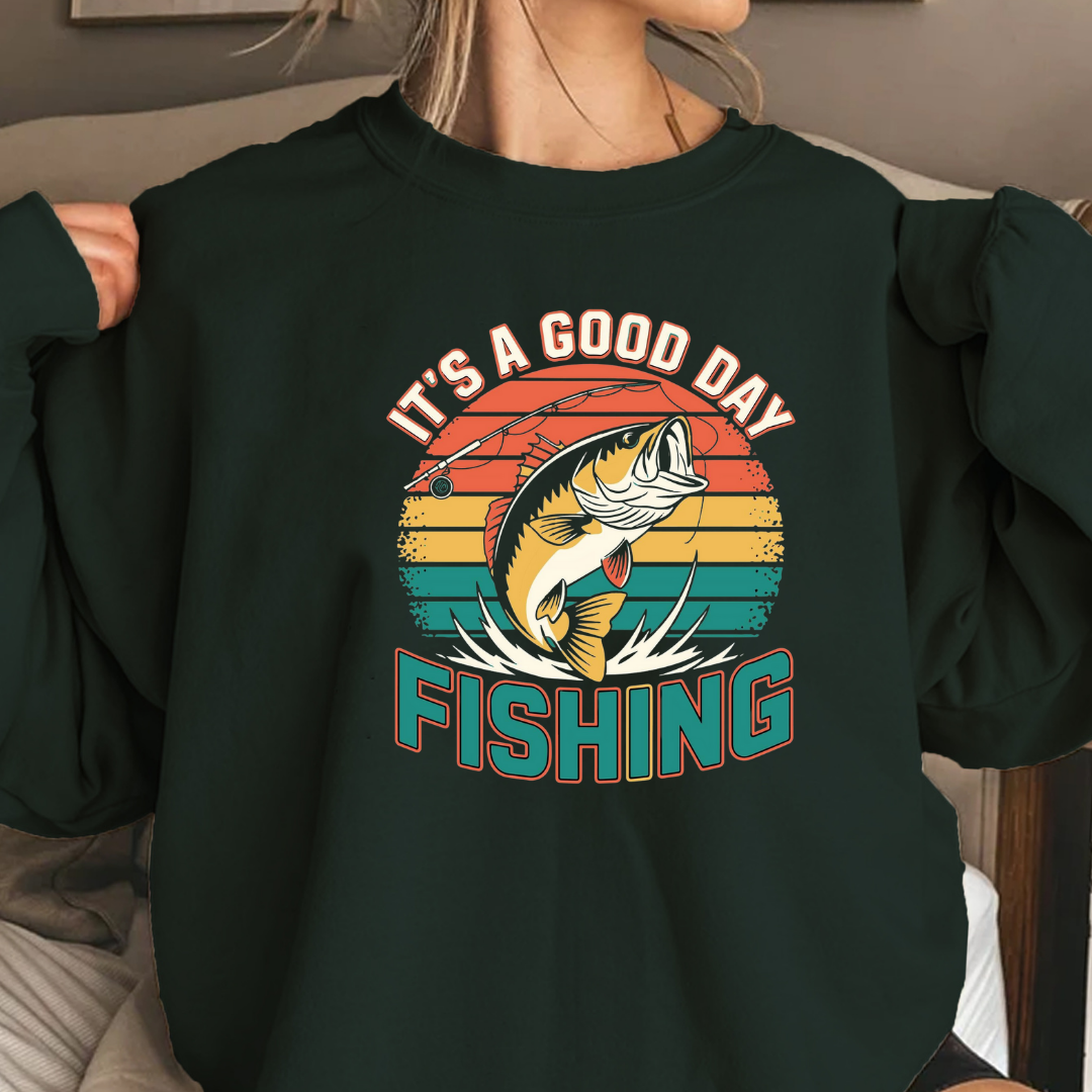 Fishing Crewneck Sweatshirt, "It's a Good Day" Retro Fish Design, Vintage Angler Pullover, Outdoor Adventure Shirt, Fisherman Gift Tee