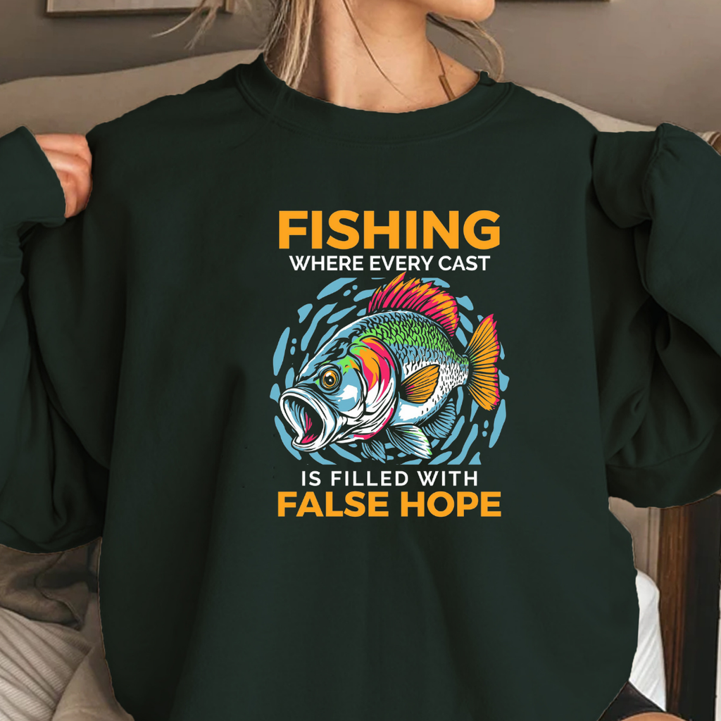 Fishing "False Hope" Crewneck Sweatshirt, Funny Angler Graphic, Retro Fishing Pullover, Outdoor Adventure Shirt, Fisherman Gift Tee