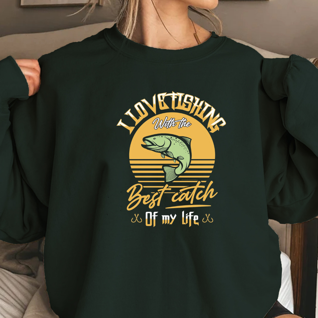 Crewneck Sweatshirt, Retro Sunset "Best Catches" Fishing Graphic, Vintage Angler Pullover, Outdoor Adventure Shirt, Fisherman Gift Tee