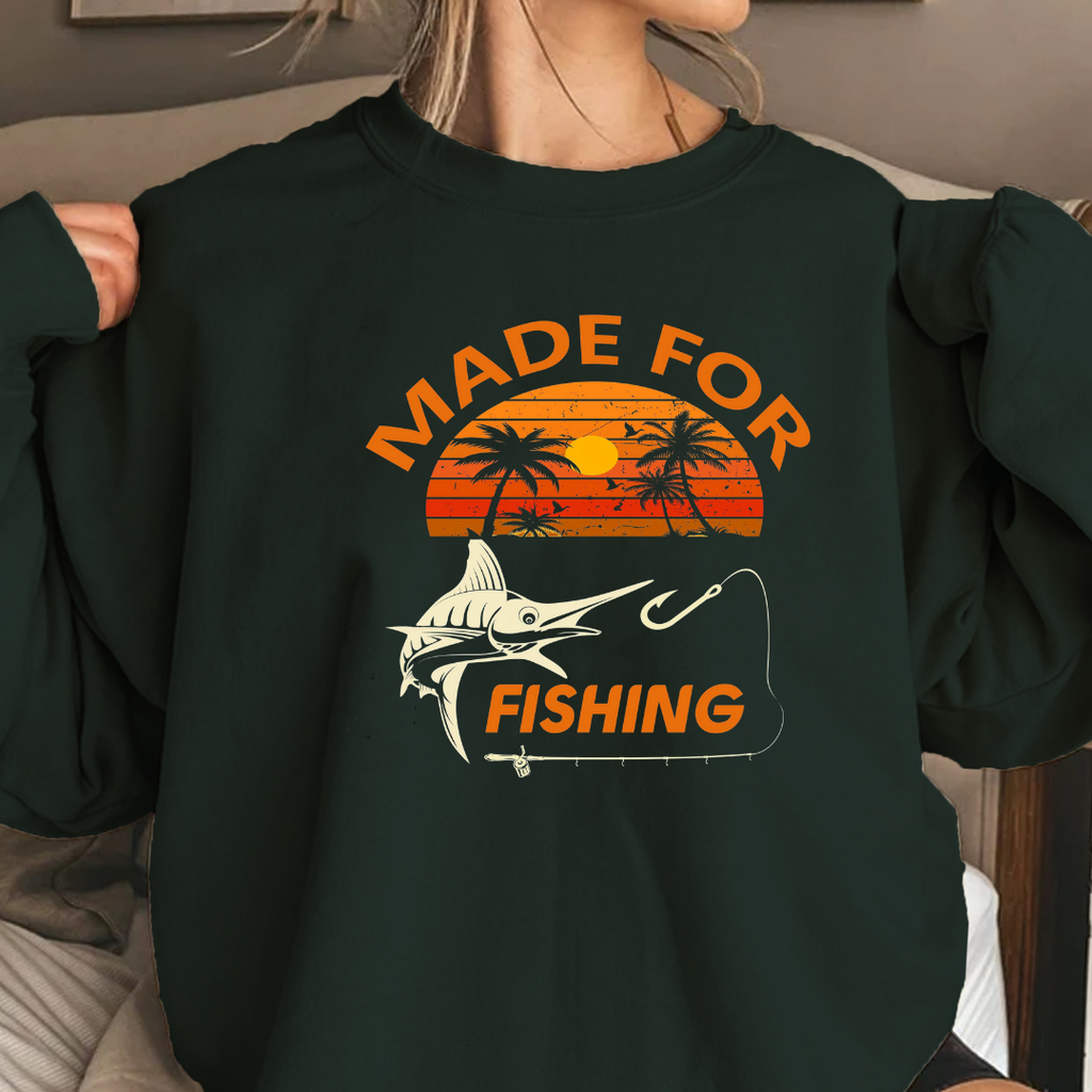 Made For Fishing Crewneck Sweatshirt, Retro Sunset Angler Pullover, Vintage Fishing Shirt, Outdoor Adventure Apparel, Fisherman Gift Tee