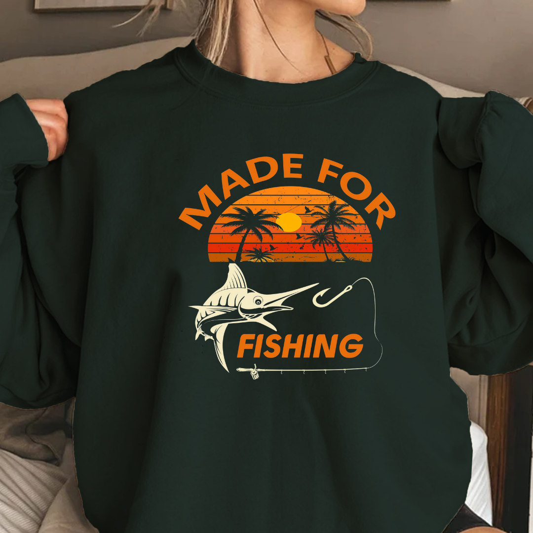 Made For Fishing Crewneck Sweatshirt, Retro Sunset Angler Pullover, Vintage Fishing Shirt, Outdoor Adventure Apparel, Fisherman Gift Tee