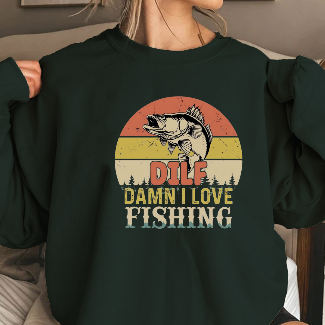Fishing Sweatshirt, "DILF – Damn I Love Fishing" Retro Bass Crewneck, Funny Angler Shirt, Outdoor Adventure Pullover, Fisherman Gift Tee