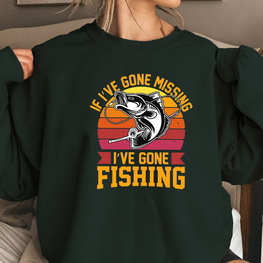 Fishing Crewneck Sweatshirt, "If I’ve Gone Missing I’ve Gone Fishing" Retro Bass Design, Funny Angler Shirt, Outdoor Pullover, Fisherman Gift