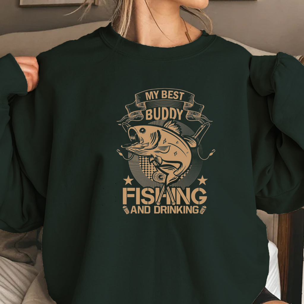 Fishing Buddy Crewneck Sweatshirt, "My Best Buddy is Fishing" Graphic, Funny Angler Shirt, Outdoor Adventure Pullover, Fisherman Gift Tee
