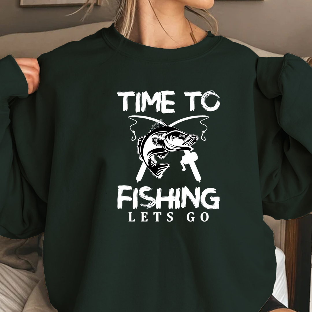 Fishing Crewneck Sweatshirt, Retro Fish Graphic "Time to Go Fishing", Vintage Angler Pullover, Outdoor Adventure Shirt, Fisherman Gift Tee