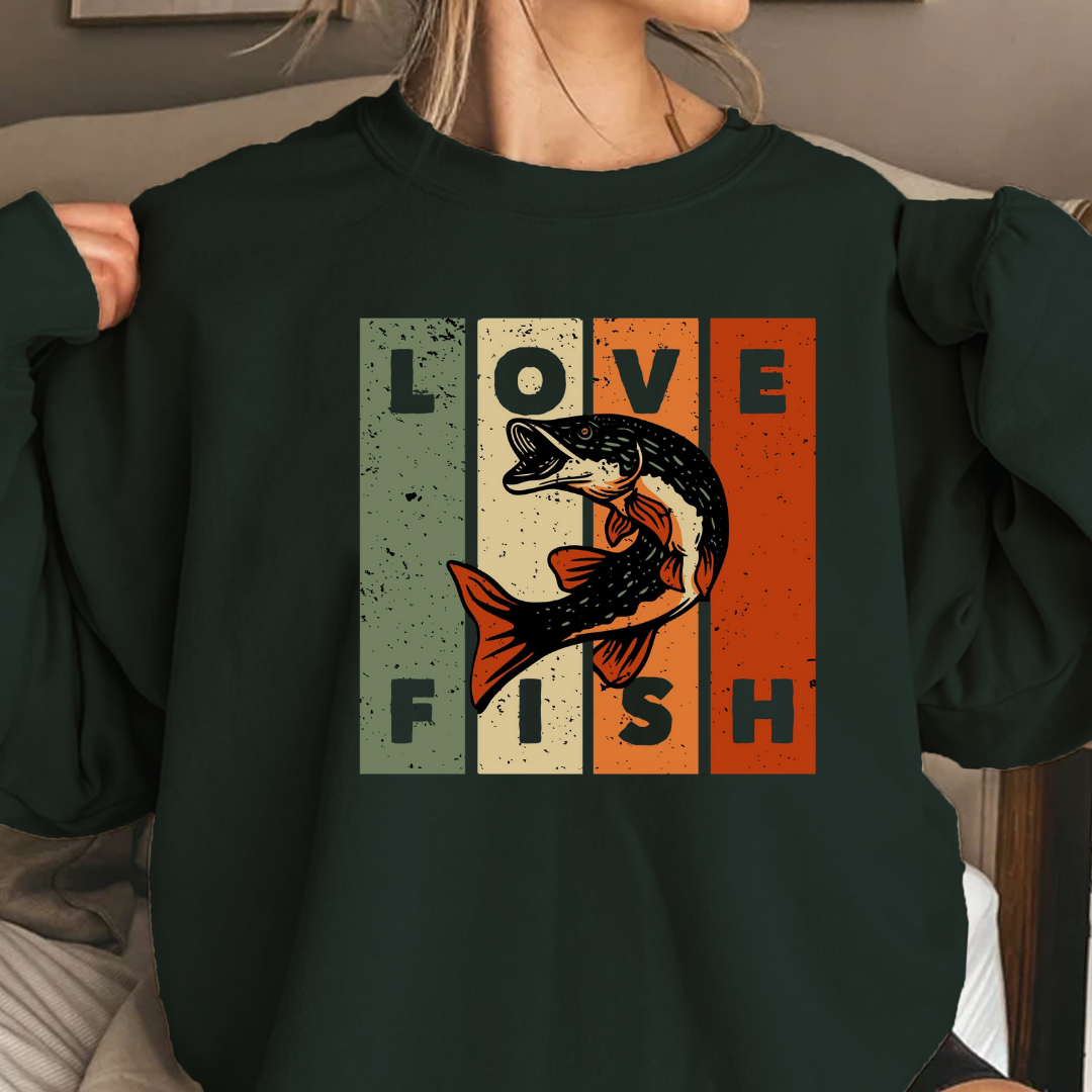 Love Fish Crewneck Sweatshirt, Retro Fishing Graphic Pullover for Anglers, Vintage Angler Shirt, Outdoor Adventure Top, Fisherman Gift Tee
