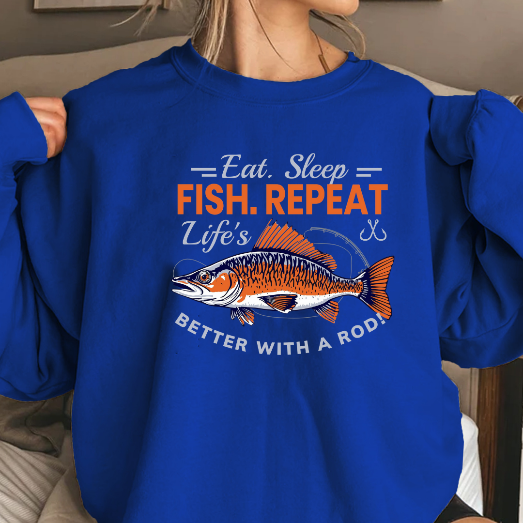 Fishing Crewneck Sweatshirt, "Eat. Sleep. Fish. Repeat." Graphic, Funny Angler Pullover, Outdoor Adventure Shirt, Fisherman Gift Tee