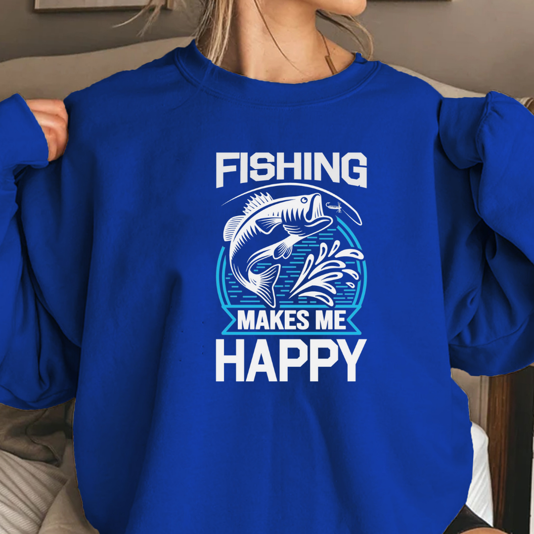 Fishing Happy Crewneck Sweatshirt, Relaxed Fishing Graphic Pullover, Funny Angler Shirt, Outdoor Adventure Apparel, Fisherman Gift Tee