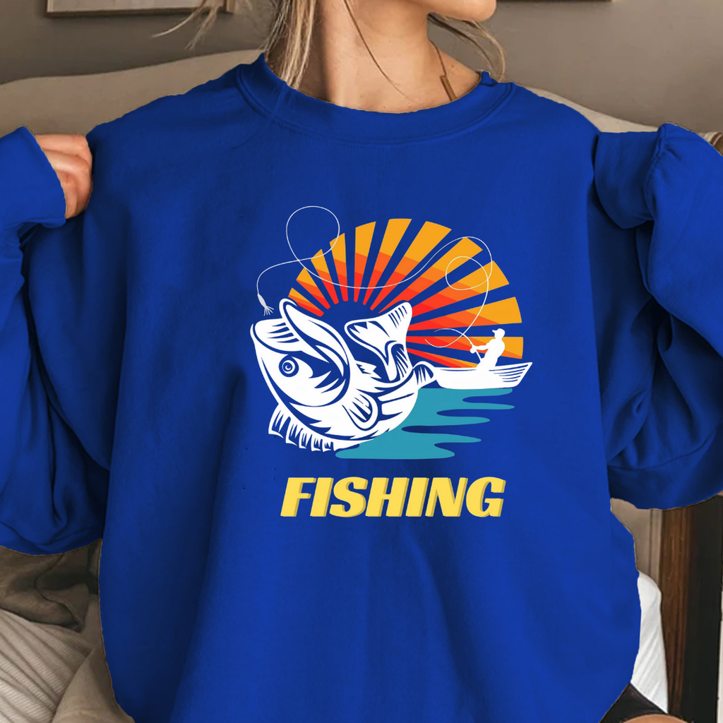 Fishing Sunset Crewneck Sweatshirt, Retro Angler Graphic Pullover, Outdoor Adventure Shirt, Vintage Fishing Gift, Relaxing Hobby Tee