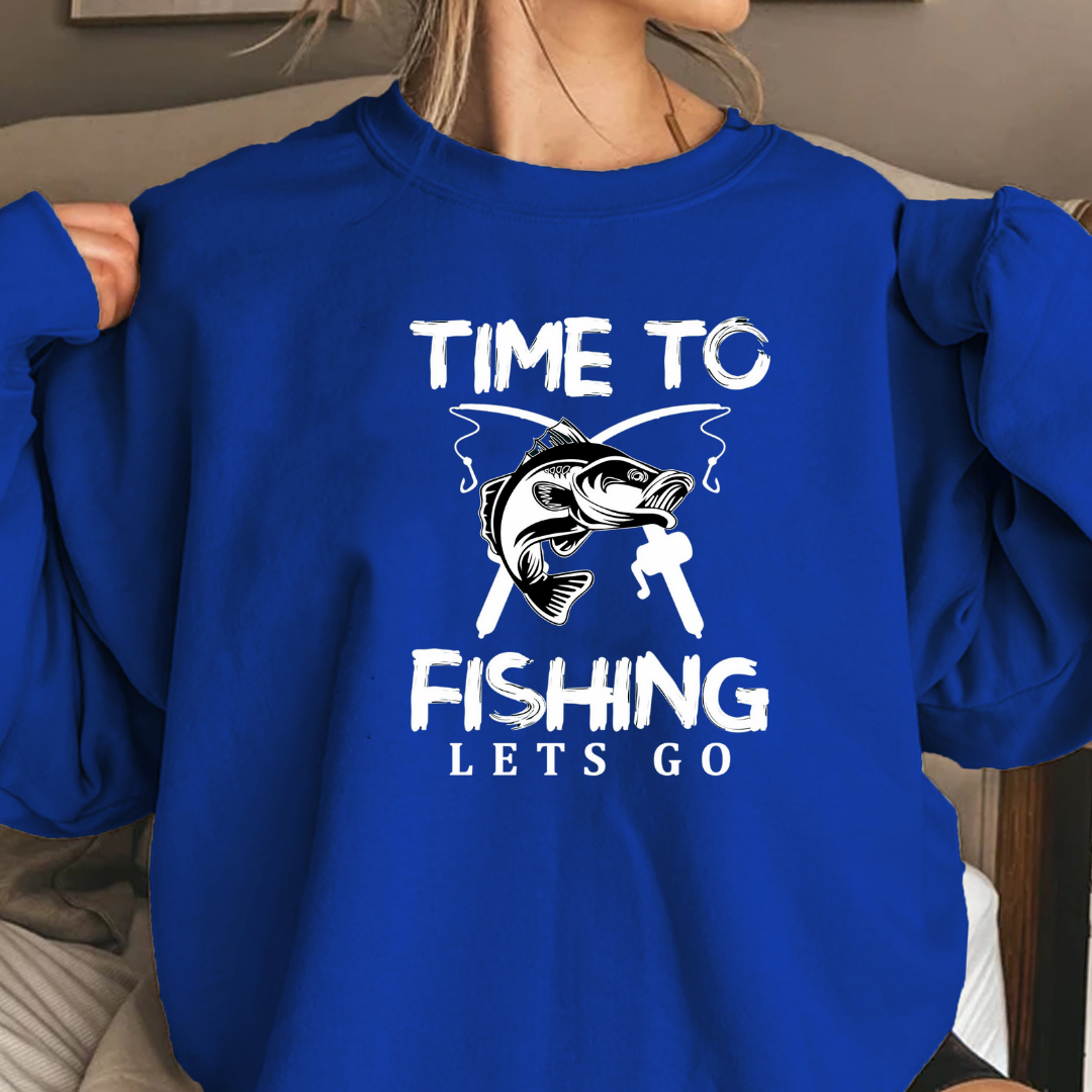 Fishing Crewneck Sweatshirt, Retro Fish Graphic "Time to Go Fishing", Vintage Angler Pullover, Outdoor Adventure Shirt, Fisherman Gift Tee